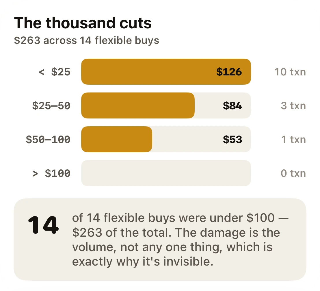 The thousand cuts: $263 across 14 flexible buys, most under $25 — the damage is the volume, not any one thing