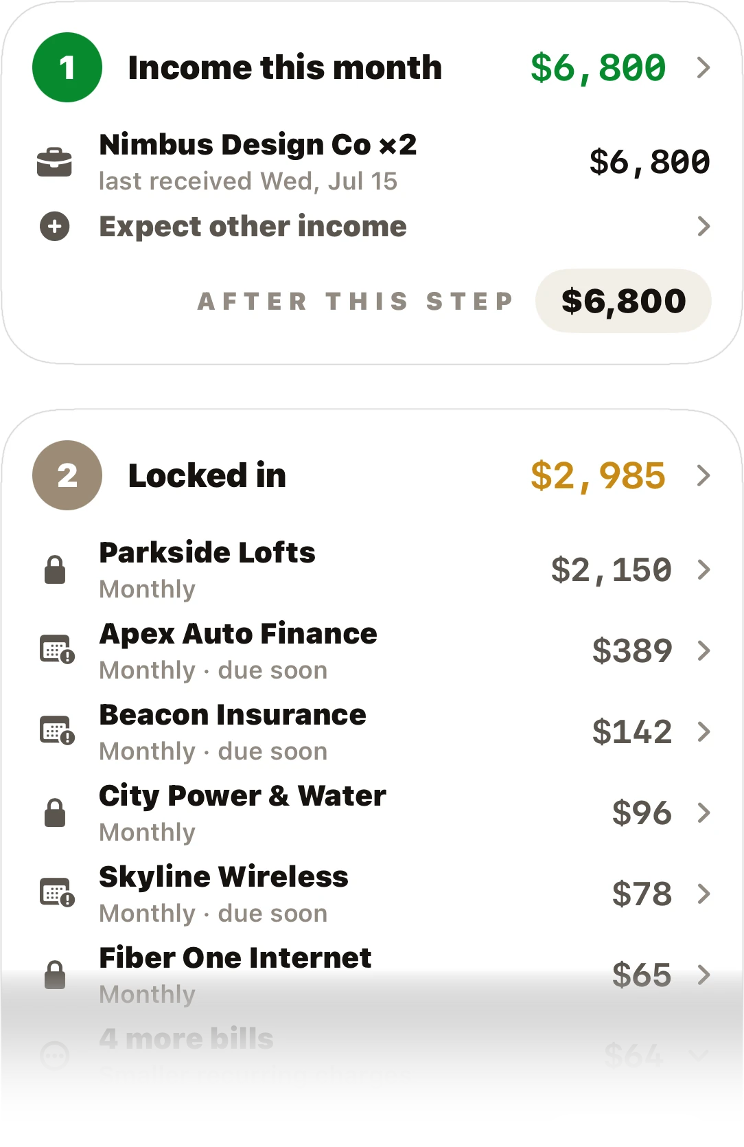 How we got this: income this month $6,800, then $2,985 locked in for rent and bills — the safe-to-spend math, step by step