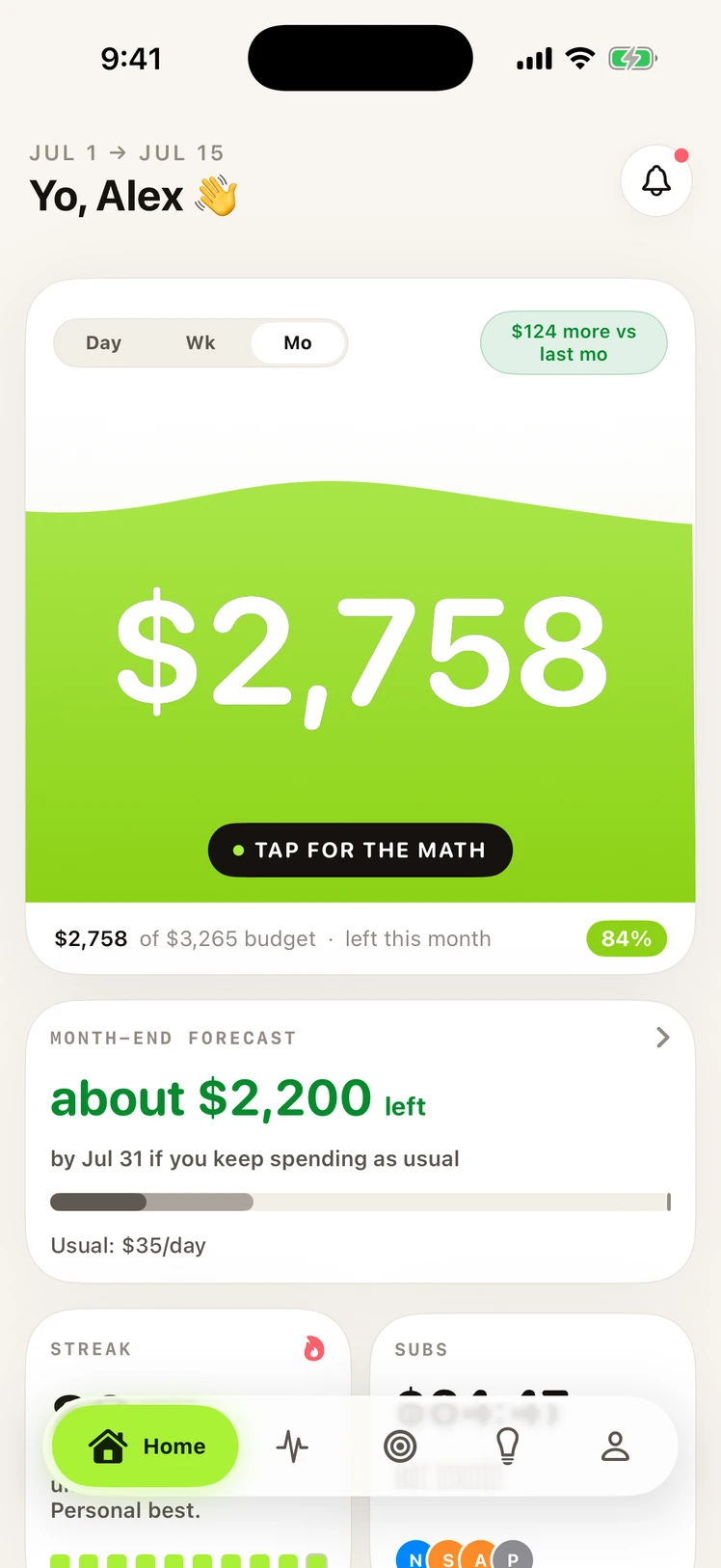 Bablo home screen: $2,758 safe to spend this month, with a month-end forecast of about $2,200 left