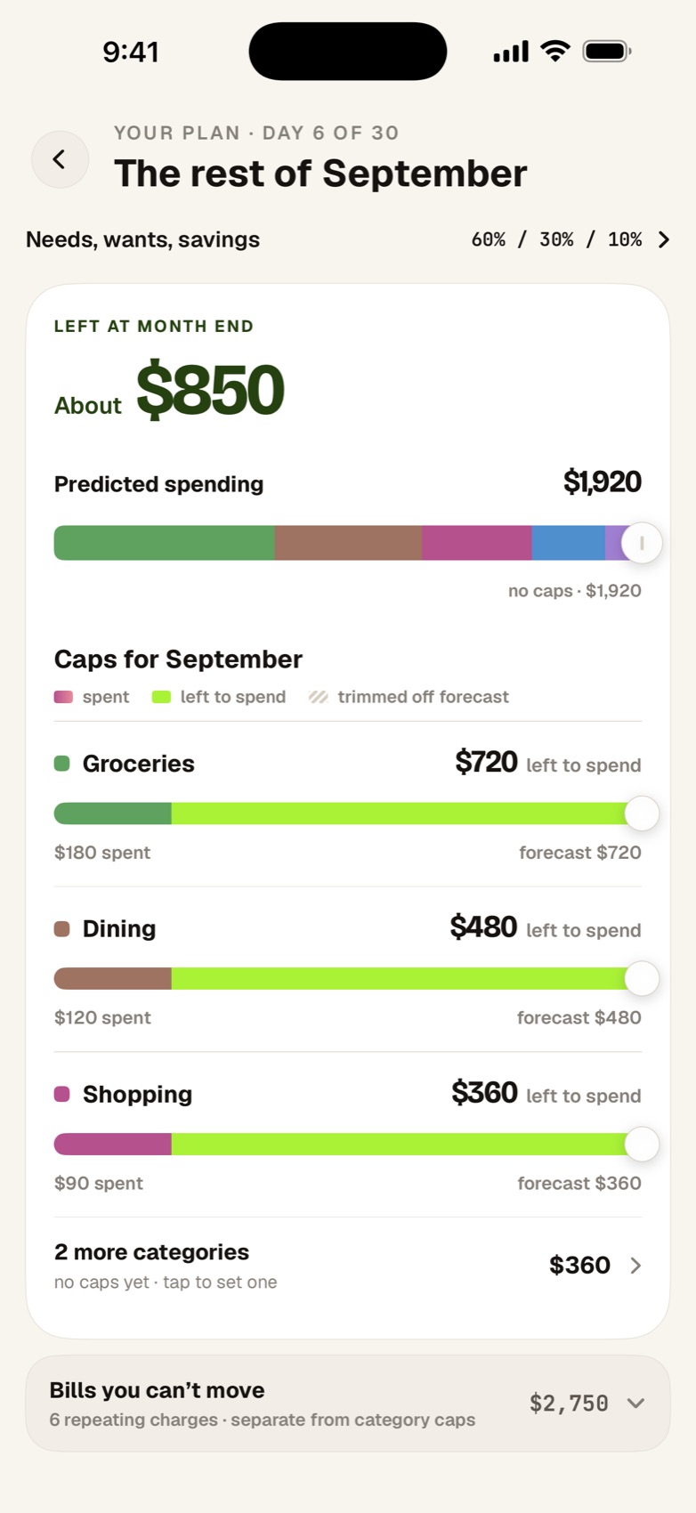 The rest of September: about $850 left at month end, with caps for groceries, dining and shopping.